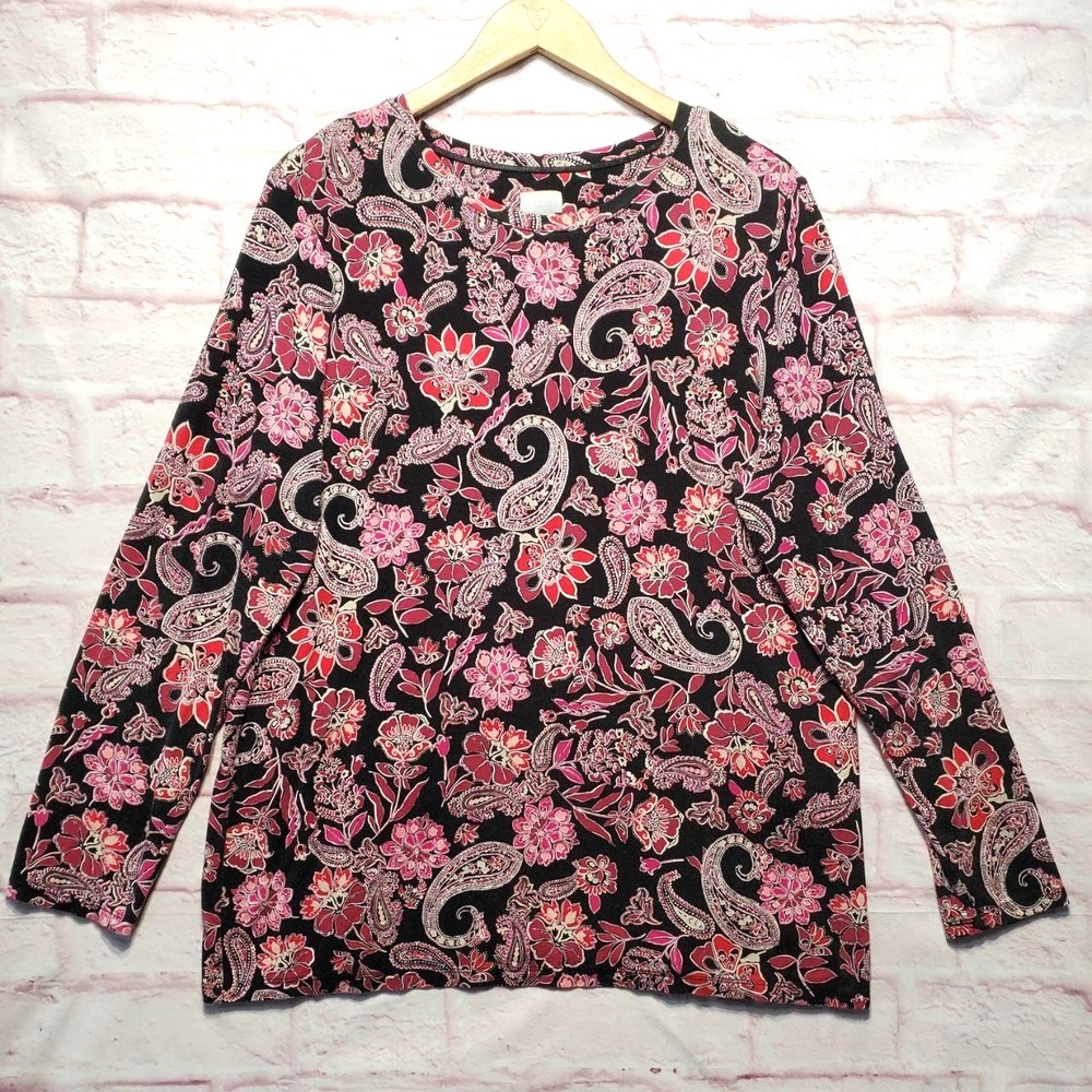Chicos Shirt Womens XL Black Pink Paisley Floral Long Sleeve‎ Stretch Top Boho